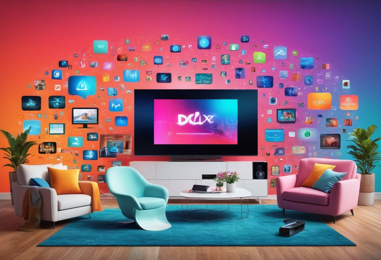 A dynamic collage featuring vibrant icons of streaming services, digital devices like smart TVs and smartphones, and futuristic elements like holograms and VR headsets. Include diverse people enjoying media content in a cozy home setting, showcasing the transformation of entertainment in the digital age. The background should be a blend of bright colors symbolizing creativity and innovation. super-realistic. vibrant colors. 3D.