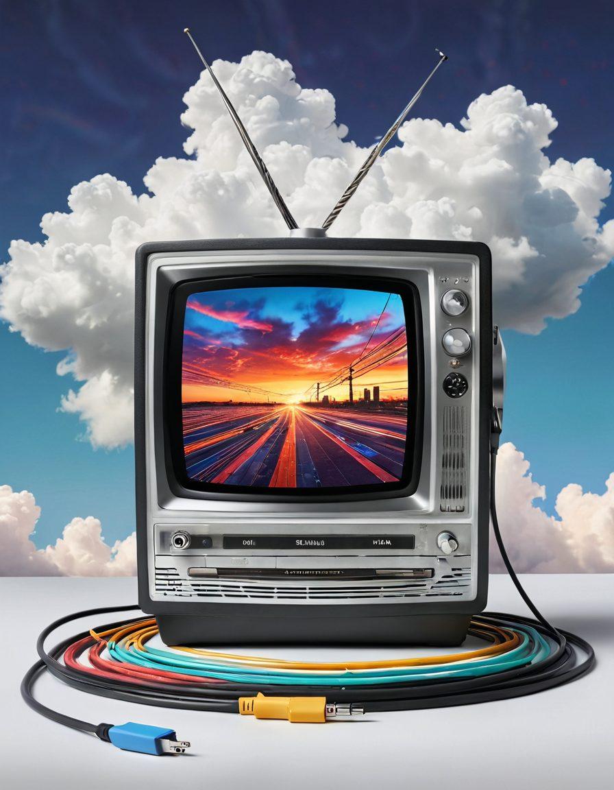 A visual evolution showcasing a vintage television set with tangled cables on one side, transitioning into a sleek modern tablet displaying vibrant streaming video content on the other side. In the background, subtle icons of popular streaming platforms and swirling clouds of digital data to symbolize the shift to on-demand viewing. Bright and engaging color palette with a futuristic touch. super-realistic. vibrant colors. white background.