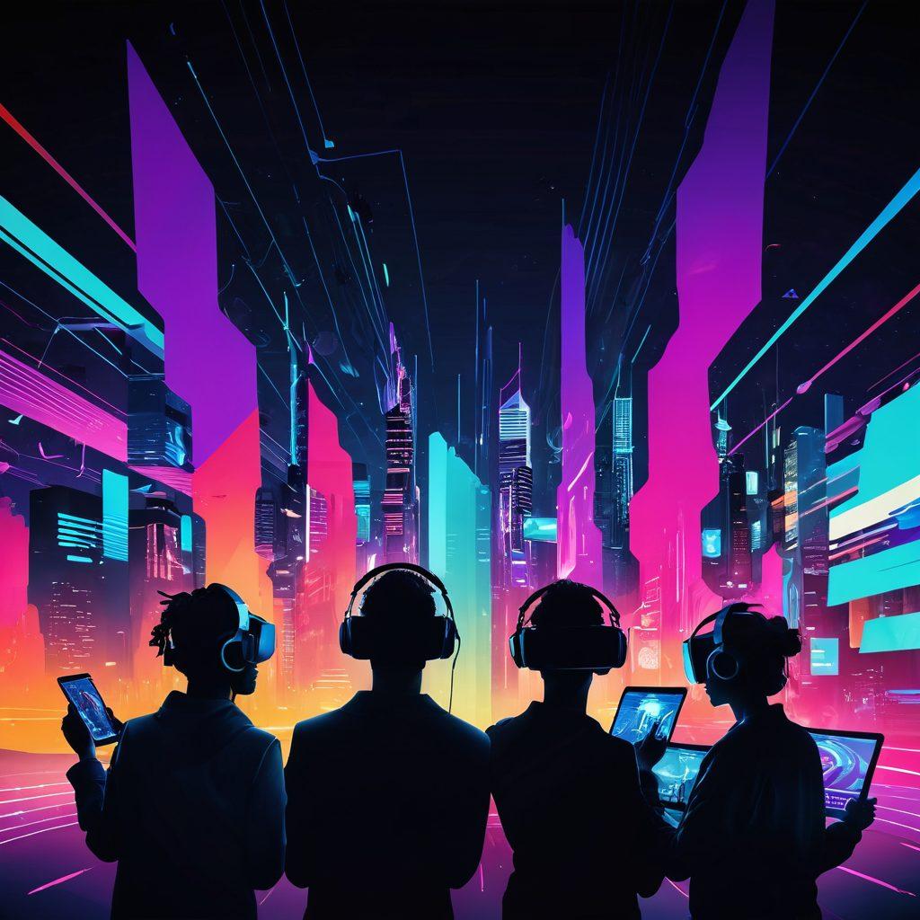 A dynamic composition featuring a diverse group of people engaging with various multimedia devices, such as tablets, VR headsets, and large screen displays showcasing vibrant graphics. Incorporate elements of live streaming, social media icons, and interactive engagement, surrounded by an abstract representation of sound waves and colorful visual effects. The scene should convey enthusiasm and innovation, set in a futuristic environment. super-realistic. vibrant colors. cyberpunk.